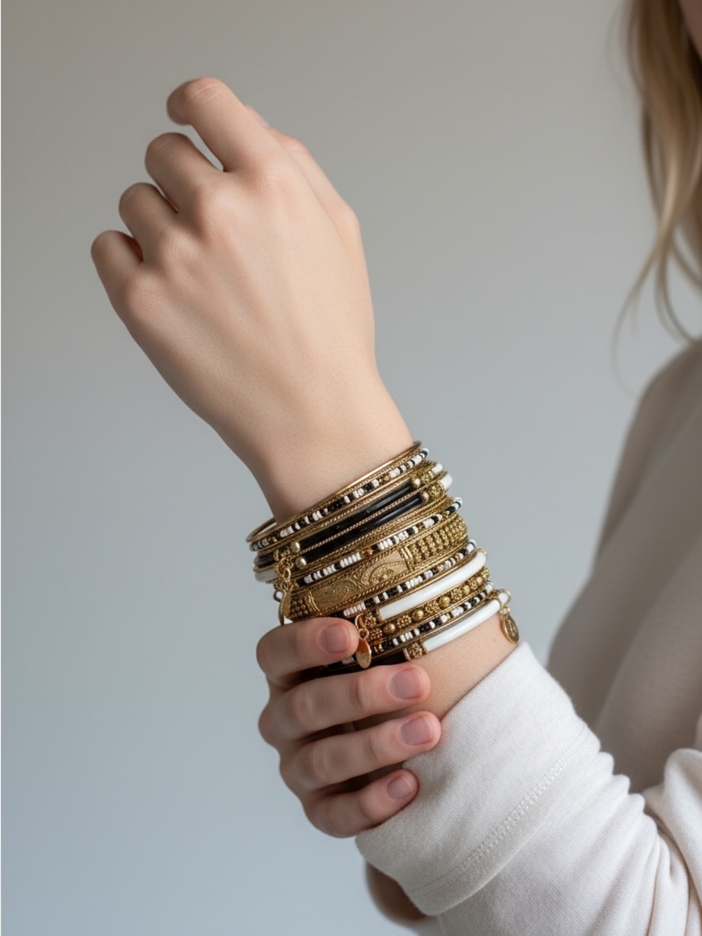 10/4 Layered Gold and White Beaded Stackable Bracelets
